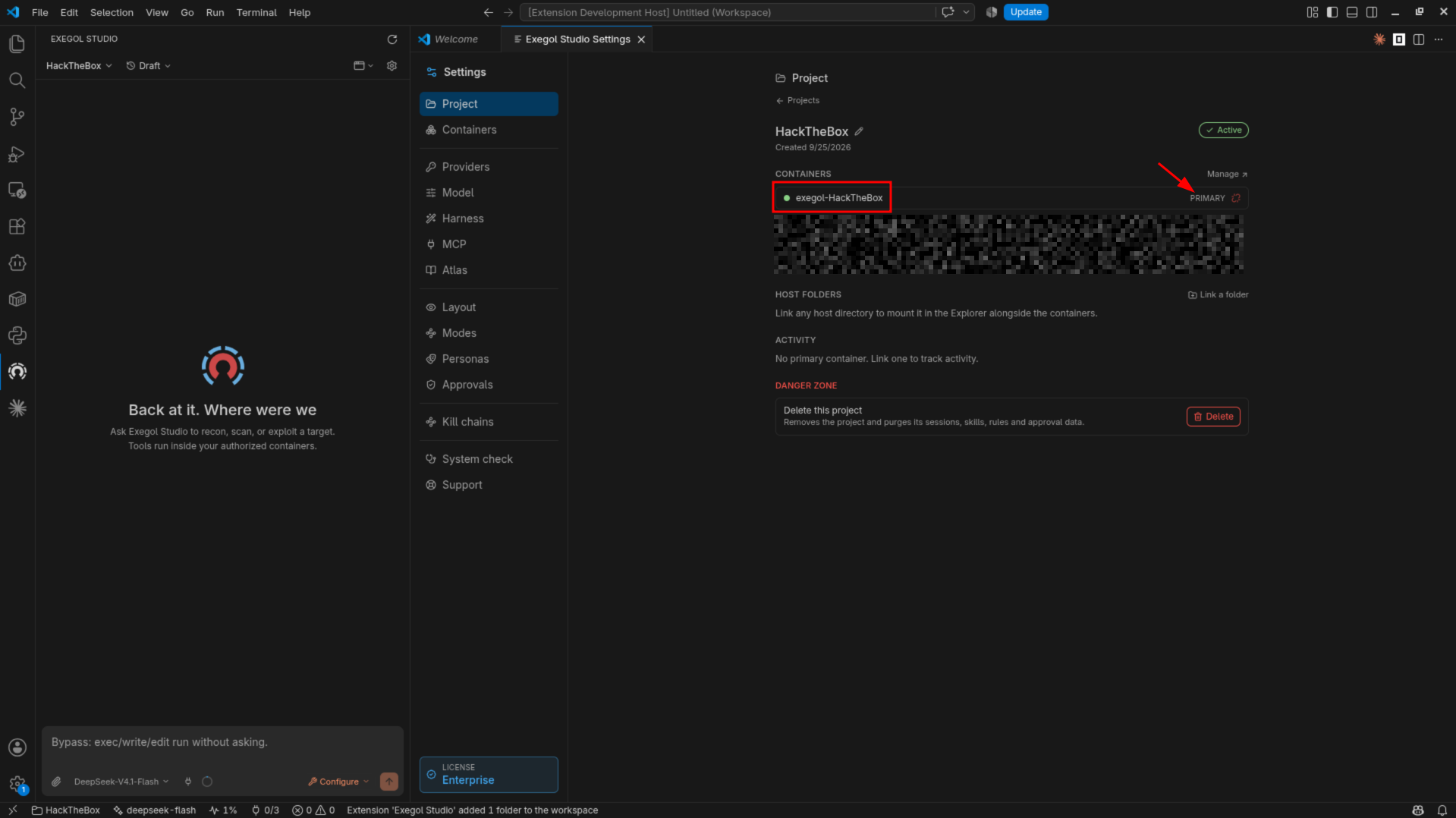 The HackTheBox project with its linked container marked PRIMARY.