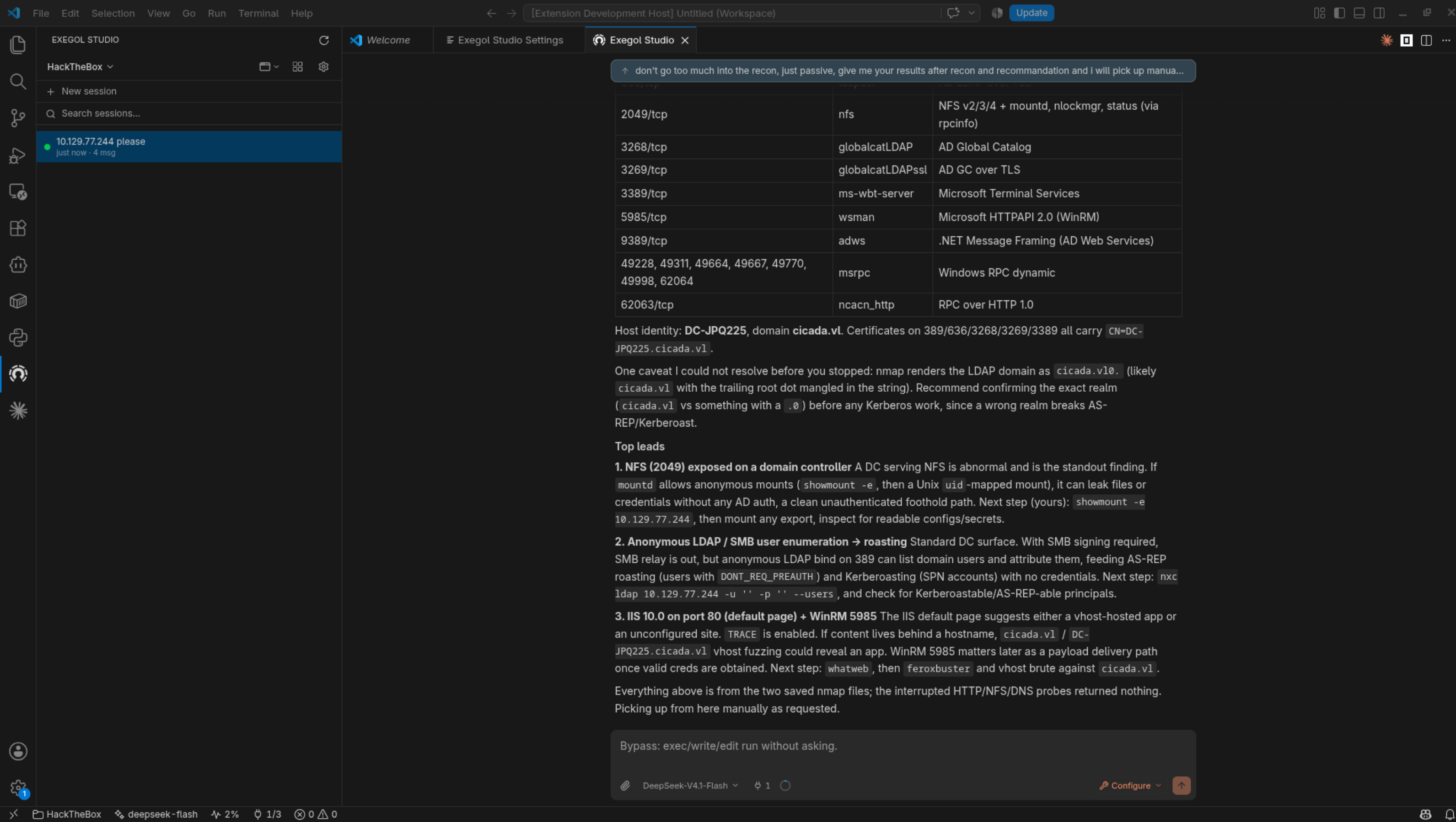 The recon recap with the service table and notes about the host information.