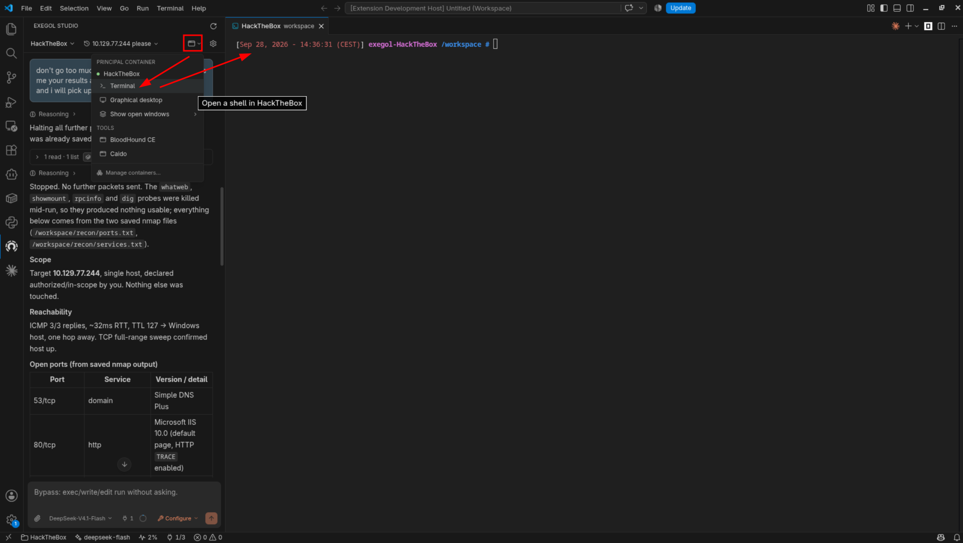 The container tools menu with Terminal highlighted and the resulting shell open beside it.