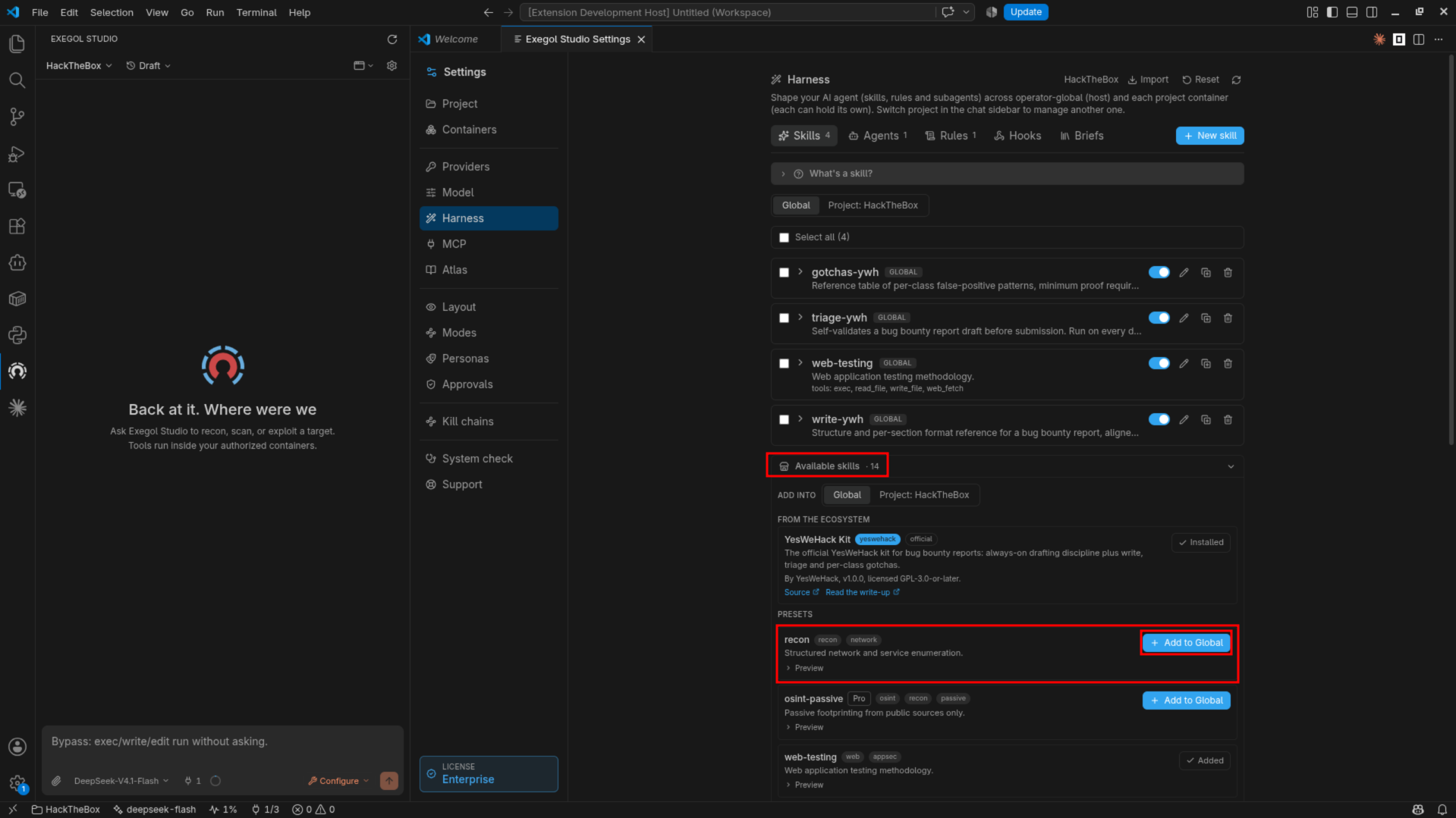 The available-skills list, with the recon preset and Add to Global button highlighted.